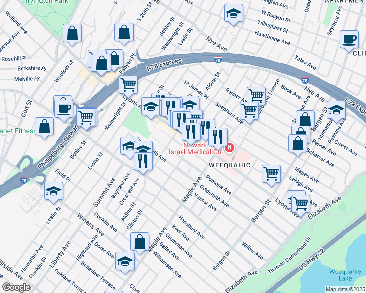 map of restaurants, bars, coffee shops, grocery stores, and more near 241 Pomona Avenue in Newark