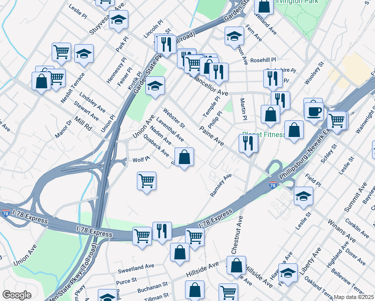 map of restaurants, bars, coffee shops, grocery stores, and more near 23 Sager Place in Irvington