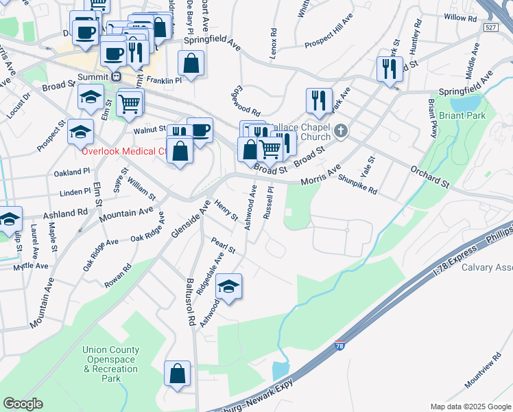 map of restaurants, bars, coffee shops, grocery stores, and more near 42 Ashwood Avenue in Summit