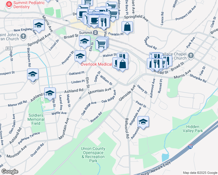 map of restaurants, bars, coffee shops, grocery stores, and more near 19 Oakridge Avenue in Summit
