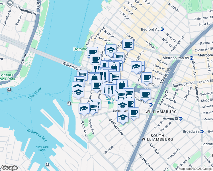 map of restaurants, bars, coffee shops, grocery stores, and more near 101 South 8th Street in Brooklyn