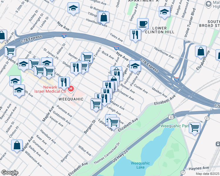 map of restaurants, bars, coffee shops, grocery stores, and more near 996 Bergen Street in Newark