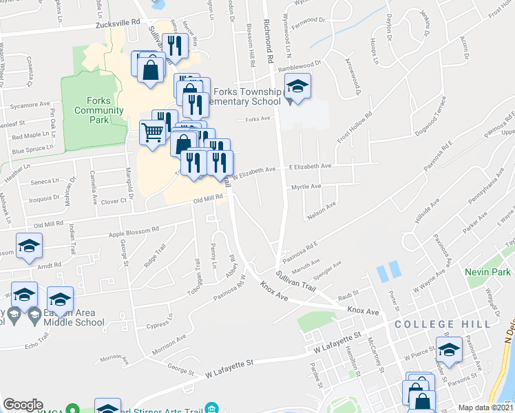 map of restaurants, bars, coffee shops, grocery stores, and more near 1400 Derhammer Street in Easton