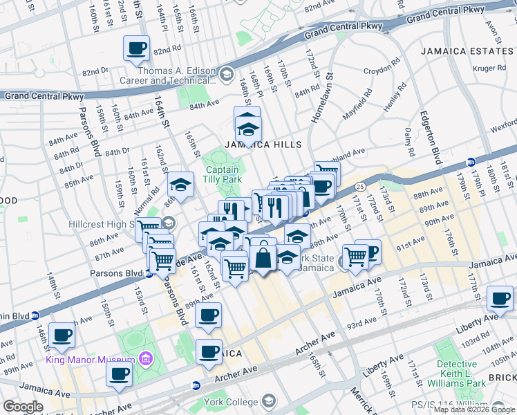 map of restaurants, bars, coffee shops, grocery stores, and more near 87-38 166th Street in Queens