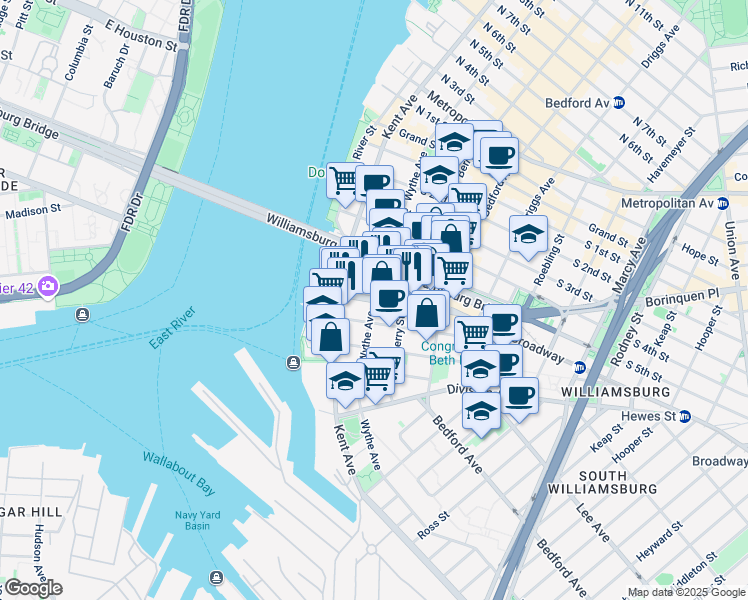 map of restaurants, bars, coffee shops, grocery stores, and more near Broadway & Wythe Ave in Brooklyn