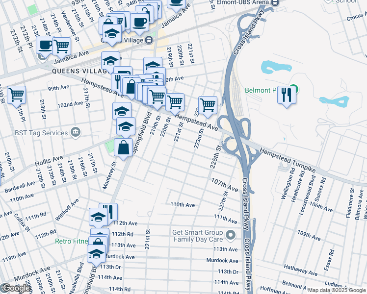map of restaurants, bars, coffee shops, grocery stores, and more near 105-06 223rd Street in Queens