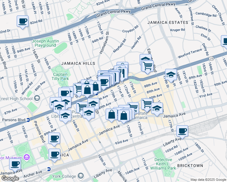 map of restaurants, bars, coffee shops, grocery stores, and more near 88-15 170th Street in Queens