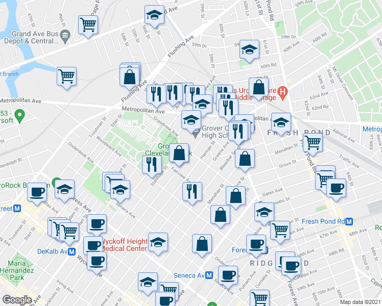 map of restaurants, bars, coffee shops, grocery stores, and more near Himrod Street & Grandview Avenue in Queens