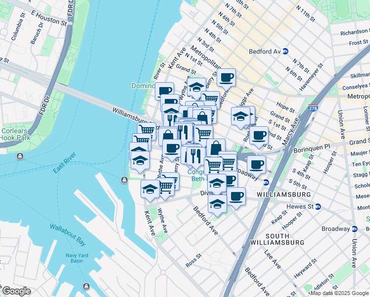 map of restaurants, bars, coffee shops, grocery stores, and more near 101 South 8th Street in Brooklyn