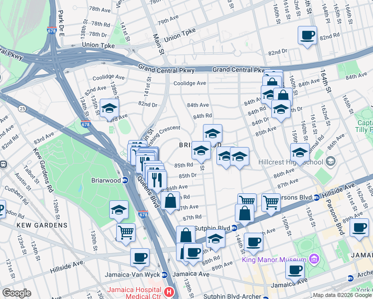 map of restaurants, bars, coffee shops, grocery stores, and more near 141-41 85th Road in Queens