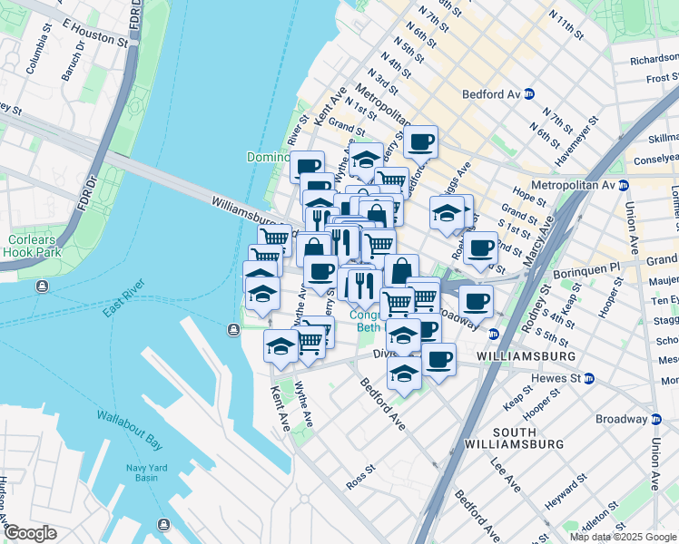 map of restaurants, bars, coffee shops, grocery stores, and more near 91 Broadway in Brooklyn