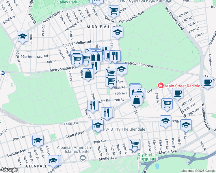 map of restaurants, bars, coffee shops, grocery stores, and more near 68-14 79th Street in Queens