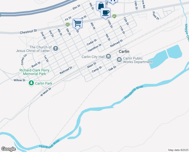 map of restaurants, bars, coffee shops, grocery stores, and more near 251 South 5th Street in Carlin