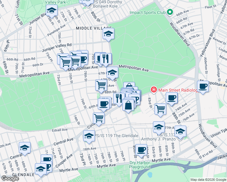 map of restaurants, bars, coffee shops, grocery stores, and more near 79-33 69th Avenue in Queens