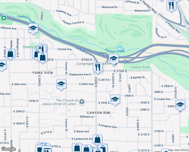 map of restaurants, bars, coffee shops, grocery stores, and more near 2784 South 2300 East in Salt Lake City