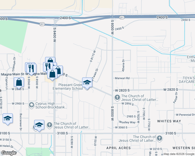 map of restaurants, bars, coffee shops, grocery stores, and more near 2689 Melville Drive in Magna