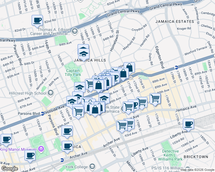 map of restaurants, bars, coffee shops, grocery stores, and more near 168-14 Hillside Avenue in Queens