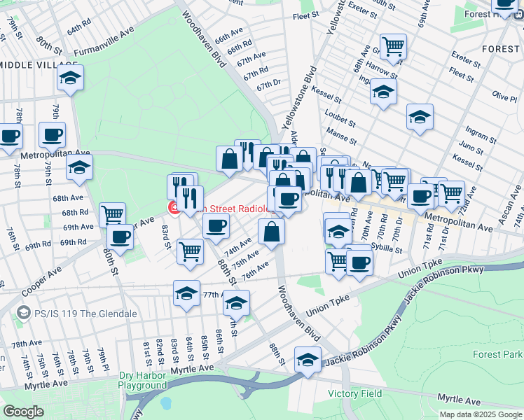 map of restaurants, bars, coffee shops, grocery stores, and more near 89-35 Rutledge Avenue in Queens