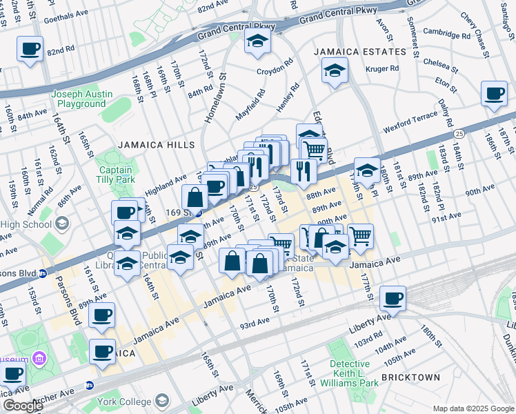 map of restaurants, bars, coffee shops, grocery stores, and more near 89-02 172nd Street in Queens