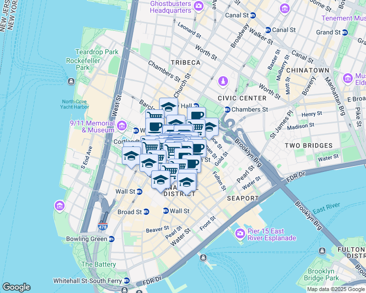 map of restaurants, bars, coffee shops, grocery stores, and more near in New York
