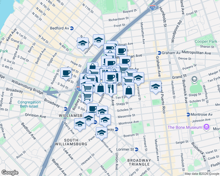 map of restaurants, bars, coffee shops, grocery stores, and more near 392 South 1st Street in Brooklyn