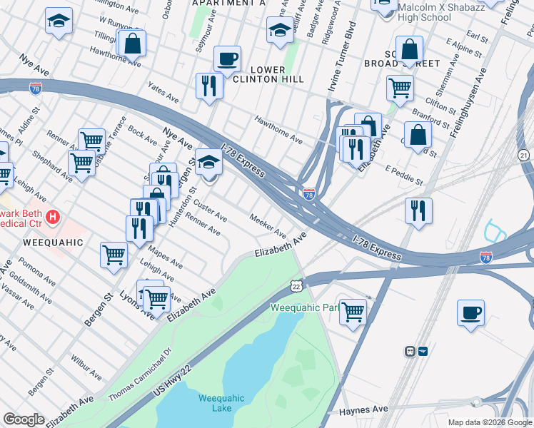 map of restaurants, bars, coffee shops, grocery stores, and more near 243-245 Meeker Avenue in Newark