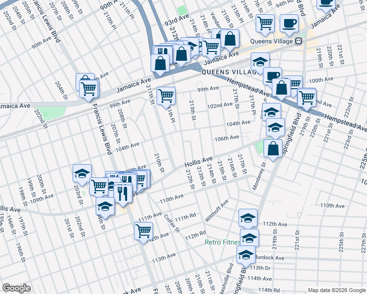 map of restaurants, bars, coffee shops, grocery stores, and more near 63 212th Street in Queens