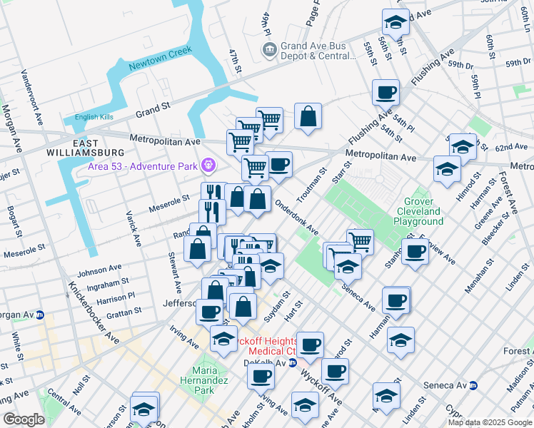 map of restaurants, bars, coffee shops, grocery stores, and more near 17-17 Troutman Street in Queens