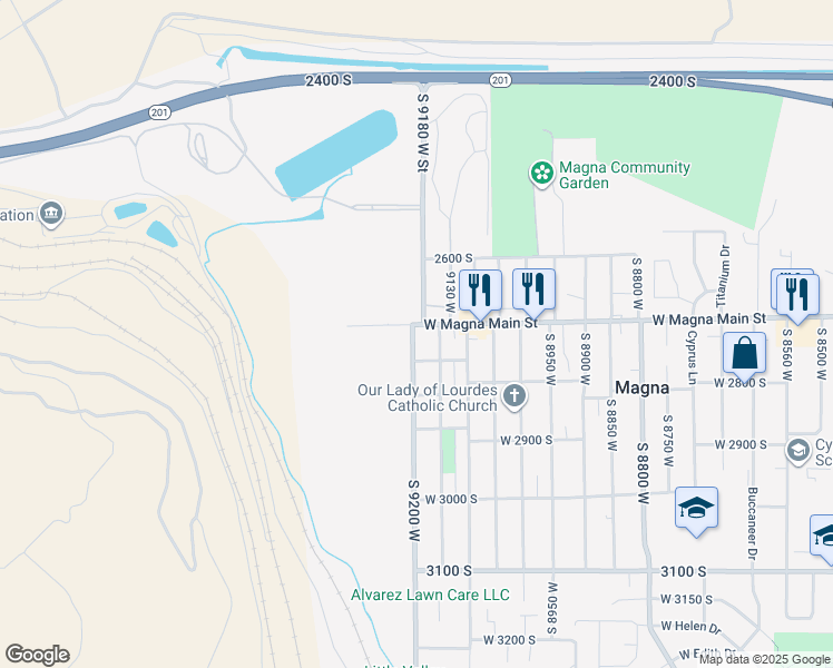 map of restaurants, bars, coffee shops, grocery stores, and more near 2713 South 9200 West in Magna