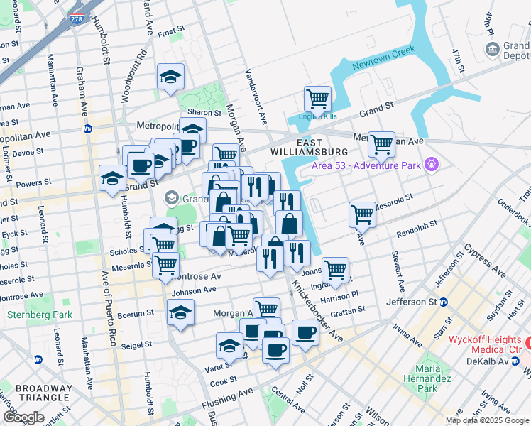 map of restaurants, bars, coffee shops, grocery stores, and more near Morgan Avenue & Stagg Street in Brooklyn
