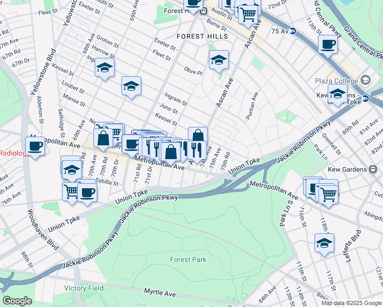 map of restaurants, bars, coffee shops, grocery stores, and more near 99-03 Ascan Avenue in Queens