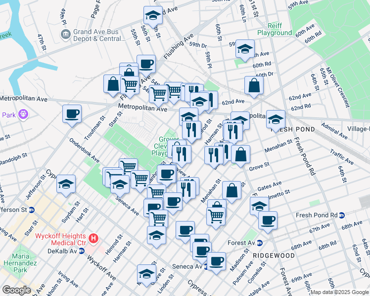 map of restaurants, bars, coffee shops, grocery stores, and more near 20-28 Himrod Street in Queens