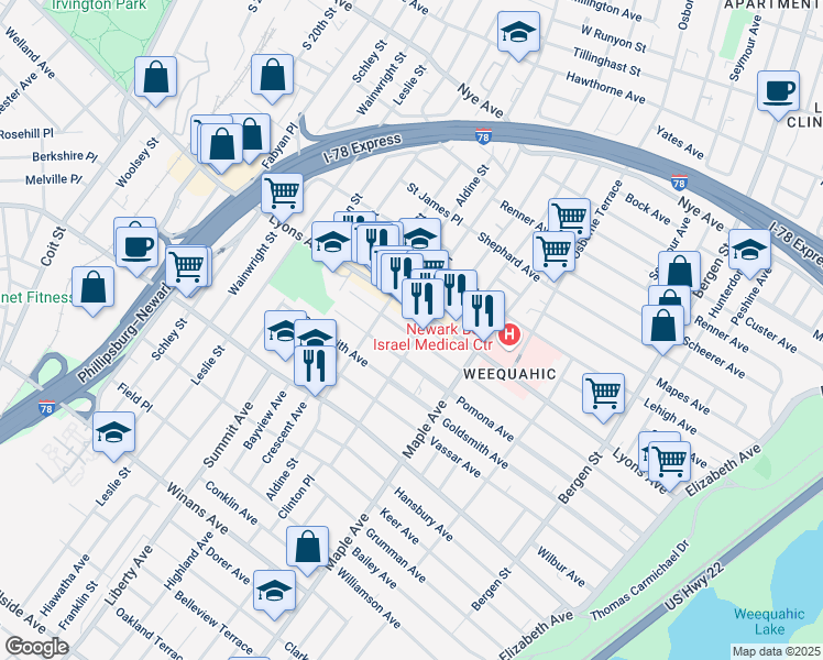 map of restaurants, bars, coffee shops, grocery stores, and more near 241 Weequahic Avenue in Newark