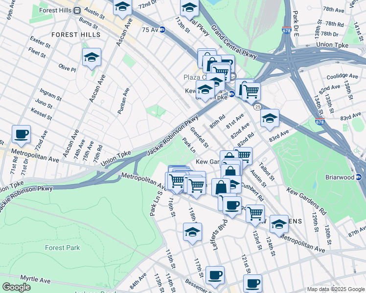 map of restaurants, bars, coffee shops, grocery stores, and more near 80-30 Park Lane in Queens