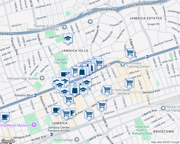 map of restaurants, bars, coffee shops, grocery stores, and more near 168-14 Hillside Avenue in Queens