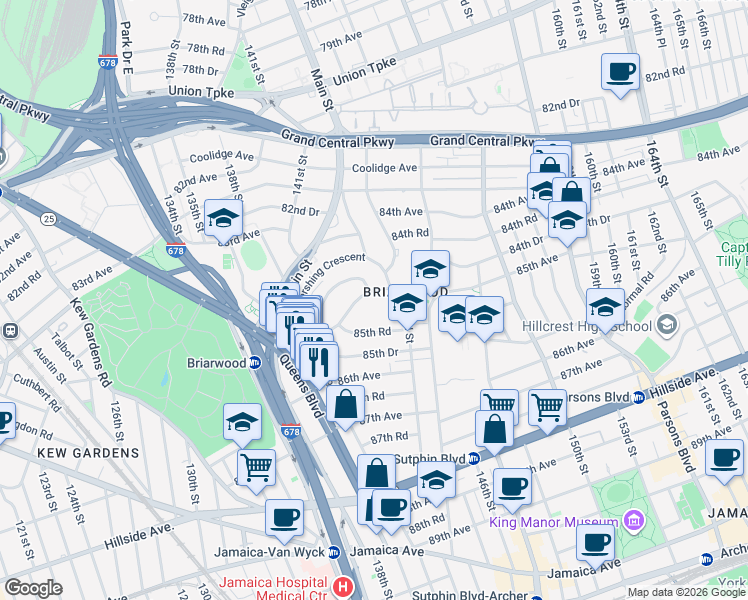 map of restaurants, bars, coffee shops, grocery stores, and more near 142-0 84th Drive in Queens