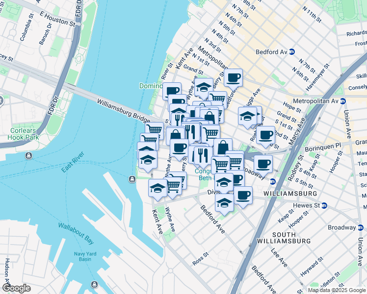 map of restaurants, bars, coffee shops, grocery stores, and more near 101 South 8th Street in Brooklyn