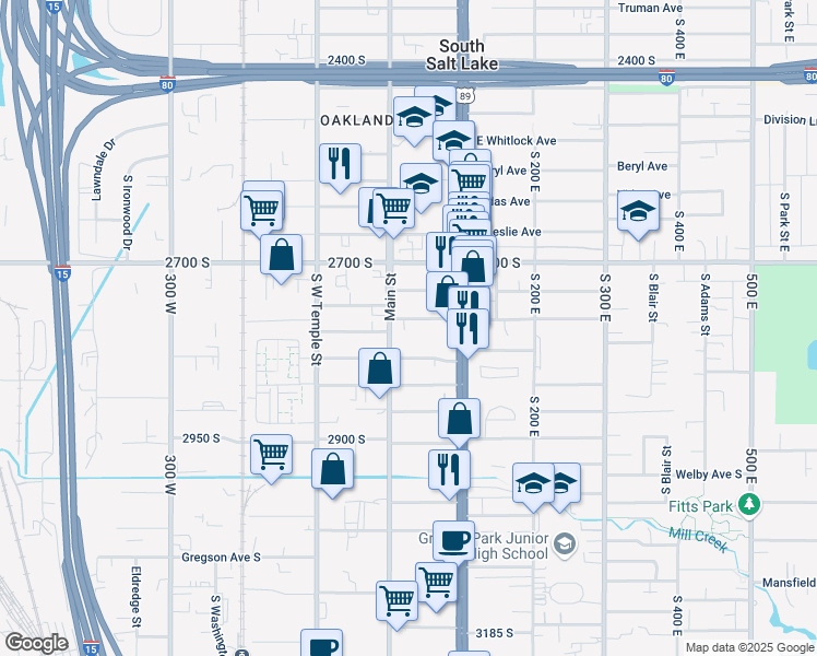 map of restaurants, bars, coffee shops, grocery stores, and more near 2814 Main Street in South Salt Lake