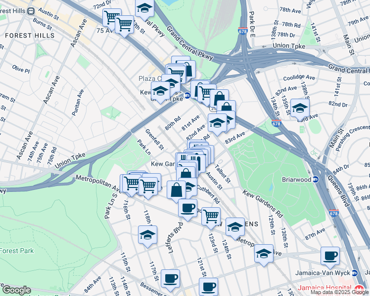 map of restaurants, bars, coffee shops, grocery stores, and more near 82-27 Grenfell Street in Queens