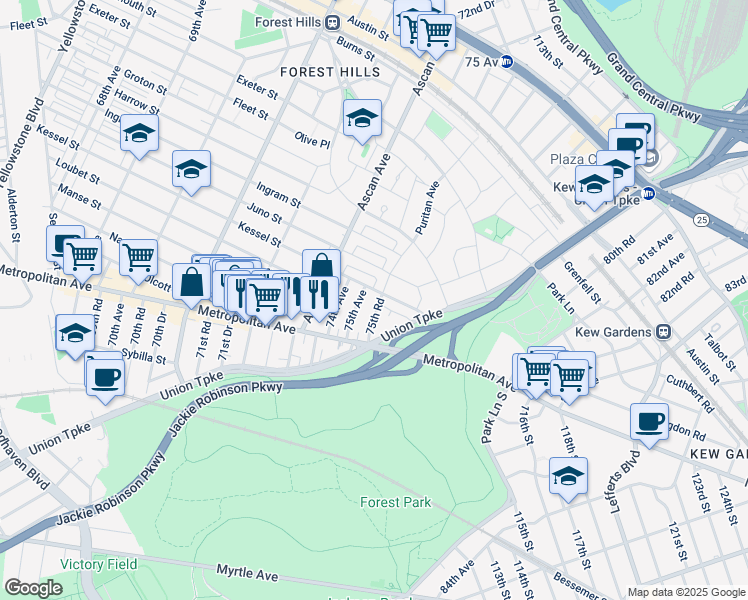 map of restaurants, bars, coffee shops, grocery stores, and more near 100-22 75th Avenue in Queens
