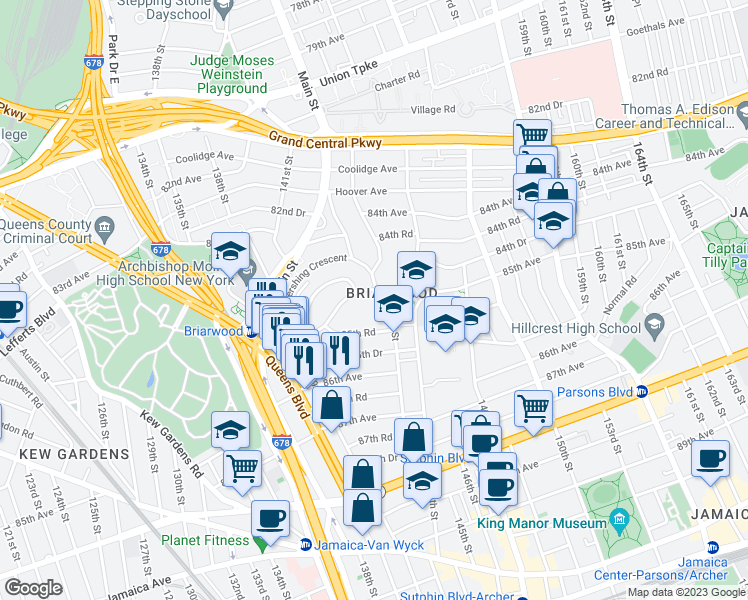 map of restaurants, bars, coffee shops, grocery stores, and more near 141-41 85th Road in Queens