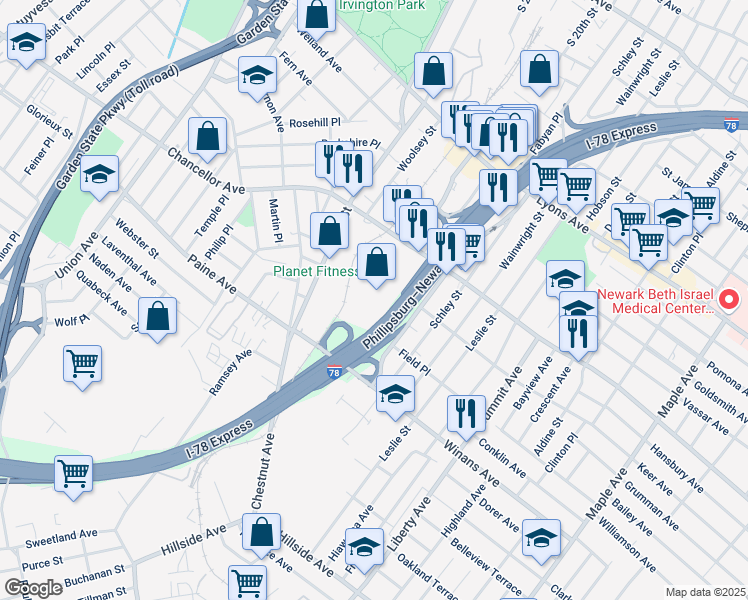 map of restaurants, bars, coffee shops, grocery stores, and more near Interstate 78 in Irvington