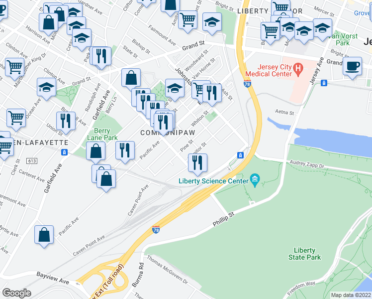 map of restaurants, bars, coffee shops, grocery stores, and more near 216 Pine Street in Jersey City