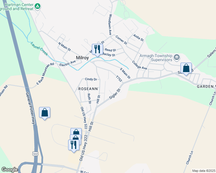 map of restaurants, bars, coffee shops, grocery stores, and more near 221 Sigler Street in Milroy