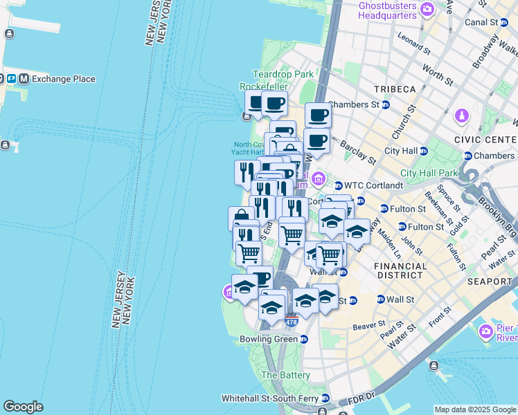 map of restaurants, bars, coffee shops, grocery stores, and more near 355 South End Avenue in New York