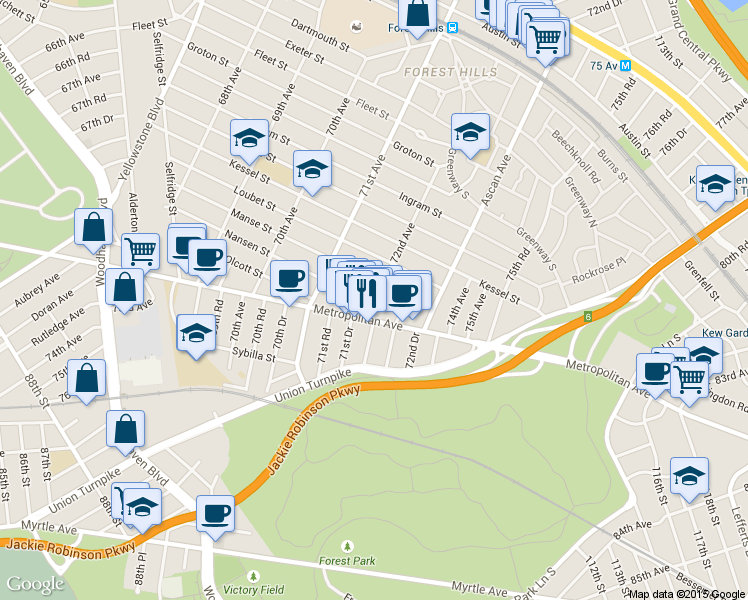 map of restaurants, bars, coffee shops, grocery stores, and more near 97-15 72nd Ave in Queens