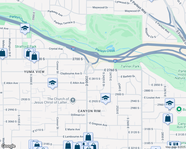 map of restaurants, bars, coffee shops, grocery stores, and more near 2338 East 2815 South in Salt Lake City