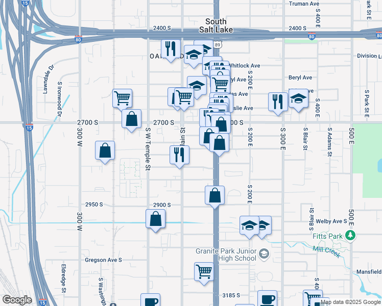 map of restaurants, bars, coffee shops, grocery stores, and more near 2814 Main Street in South Salt Lake