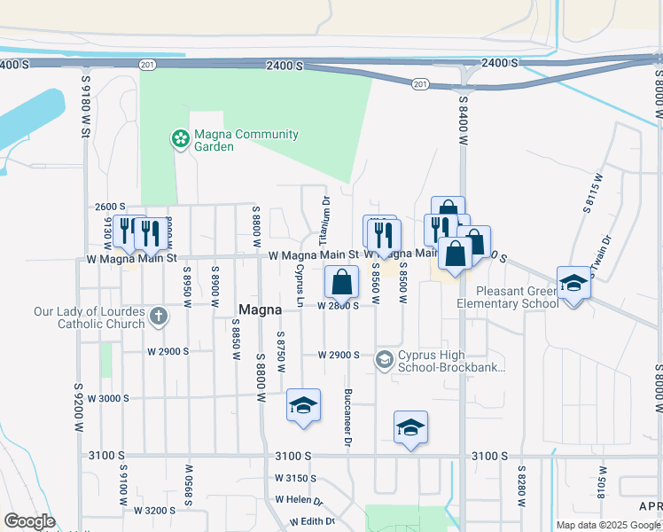 map of restaurants, bars, coffee shops, grocery stores, and more near 2763 South 8650 West in Magna