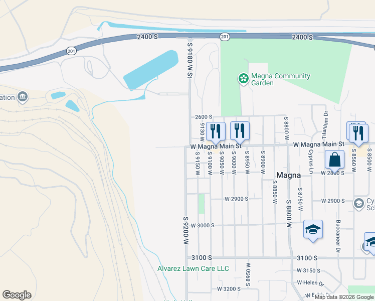 map of restaurants, bars, coffee shops, grocery stores, and more near 2751 West 2760 South in Magna